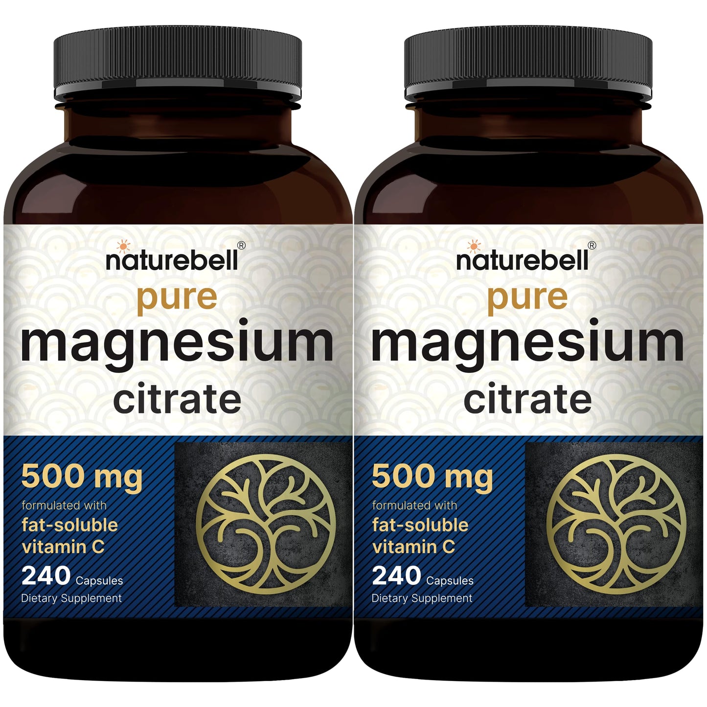 NatureBell Pure Magnesium Citrate 500mg per 3 Capsules Serving Size, 240 Capsules per Bottle | High-Purity Elemental Form | Non-GMO, Gluten-Free