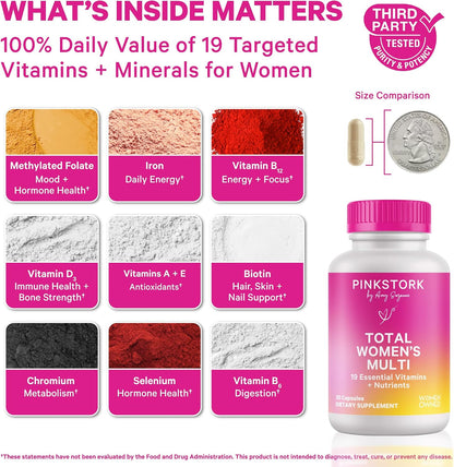 Pink Stork Total Women's Multivitamin - 19 Essential Vitamins for Women & Nutrients – Energy, Metabolism, Hormone, Immune & Mood Support – B6, B12, Biotin, Iron & Zinc – 30 Capsules