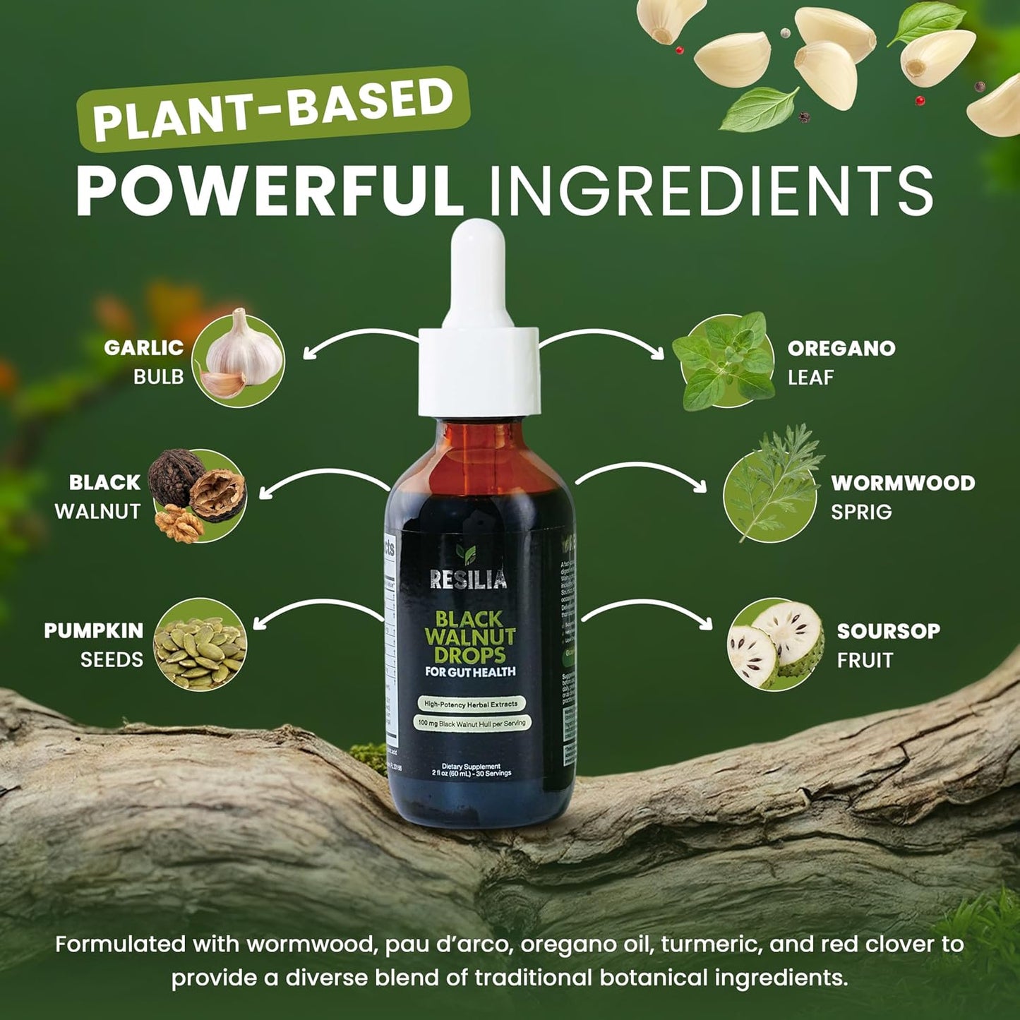 Resilia Herbal Cleanse Liquid Drops – Black Walnut & Wormwood Extract with Pumpkin Seed, Garlic & Turmeric – Alcohol-Free Tincture for Digestive & Daily Wellness Support, 2 fl oz