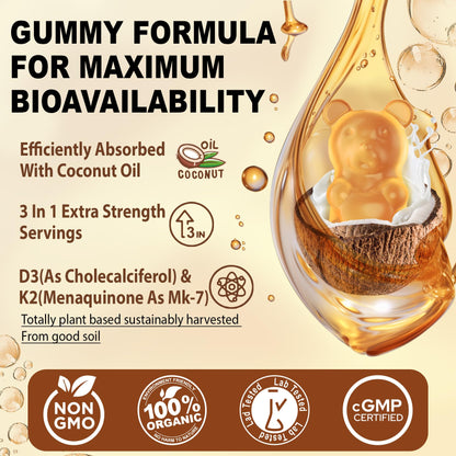 Vitamin D3 K2 Gummies - Vitamin D3 5000iu & K2 Vitamin 200mcg + Calcium 600mg for Adults & GLP-1 Friendly, with Coconut Oil for High Absorption, Support for Bone Muscle Teeth Immune, Vegan 120Count