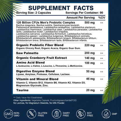 Probiotics for Men Digestive Health, 120 Billion CFUs Mens Probiotic with Digestive Enzymes & Prebiotics & Saw Palmetto & Cranberry for Gut, Prostate & Urinary Tract Health, Shelf Stable, 90 Capsules