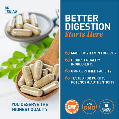 Dr. Tobias Digestive Enzymes 18-Enzyme Blend 60 Caps | Digestive Support | Take at Meal-Time | Enzymes for Digestion | Amylase + Lipase + Lactase | Digest Proteins, Fats, Carbs & Dairy | 30 Servings
