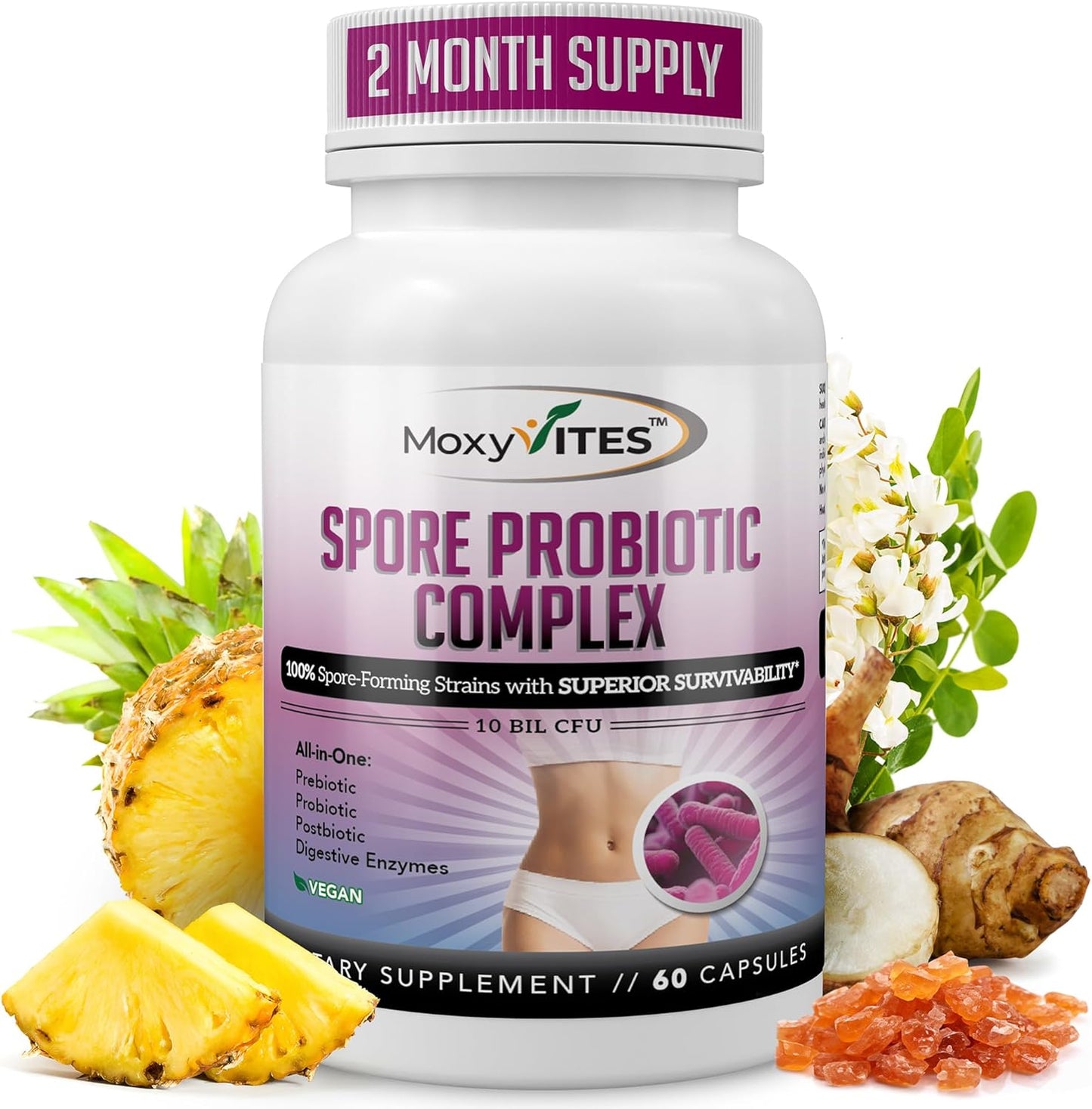 MoxyVites Spore Probiotic Complex - All In One Prebiotics and Probiotics for Digestive Health, Postbiotic, Digestive Enzymes Daily Supplement - Spore Based Probiotic for Women & Men