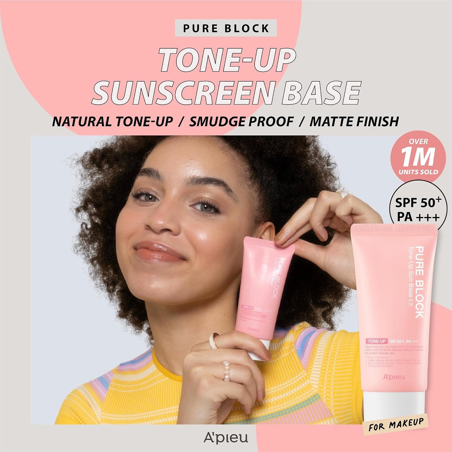 A'PIEU Pure Block Tone Up Sunscreen Base SPF5 50ml | Tone-Up Reef Safe Korean Sunscreen for Makeup Base