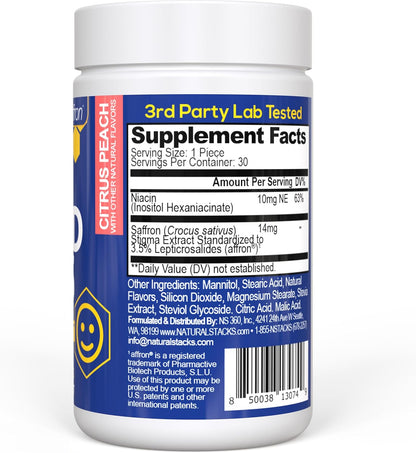 Saffron Mood Support Bites With Vitamin B3, Citrus Peach, 30 Chewables | 14mg Affron saffron extract and 62mg niacin support a positive outlook and everyday stress management.