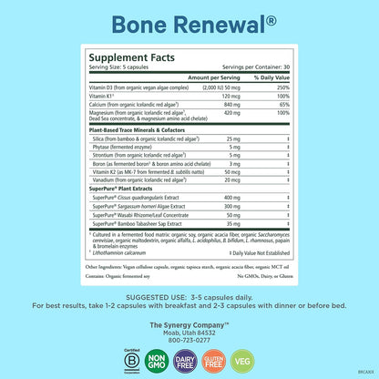 PURE SYNERGY Bone Renewal | Bioavailable Calcium with Cofactors | Natural, Vegan Supplement with Vitamin D3, K2, Magnesium, & Boron | for Lasting Bone Strength (150 Capsules)