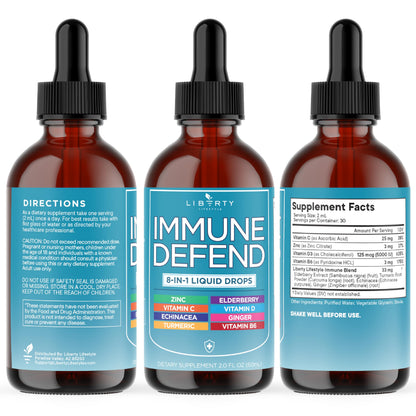 8-in-1 Immune Support Liquid Drops – Elderberry, Turmeric Curcumin, Echinacea, Ginger, Vitamins C & D3, Zinc & B6 – Fast-Absorbing Immune & Antioxidant Support – Vegan, Non-GMO – 4 oz