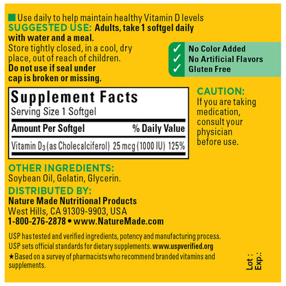 Nature Made Vitamin D3 1000 IU (25 mcg), 300 Vitamin D Softgels | Vitamin D Supplement for Immune, Bone, Teeth and Muscle Health Support, 300 Day Supply