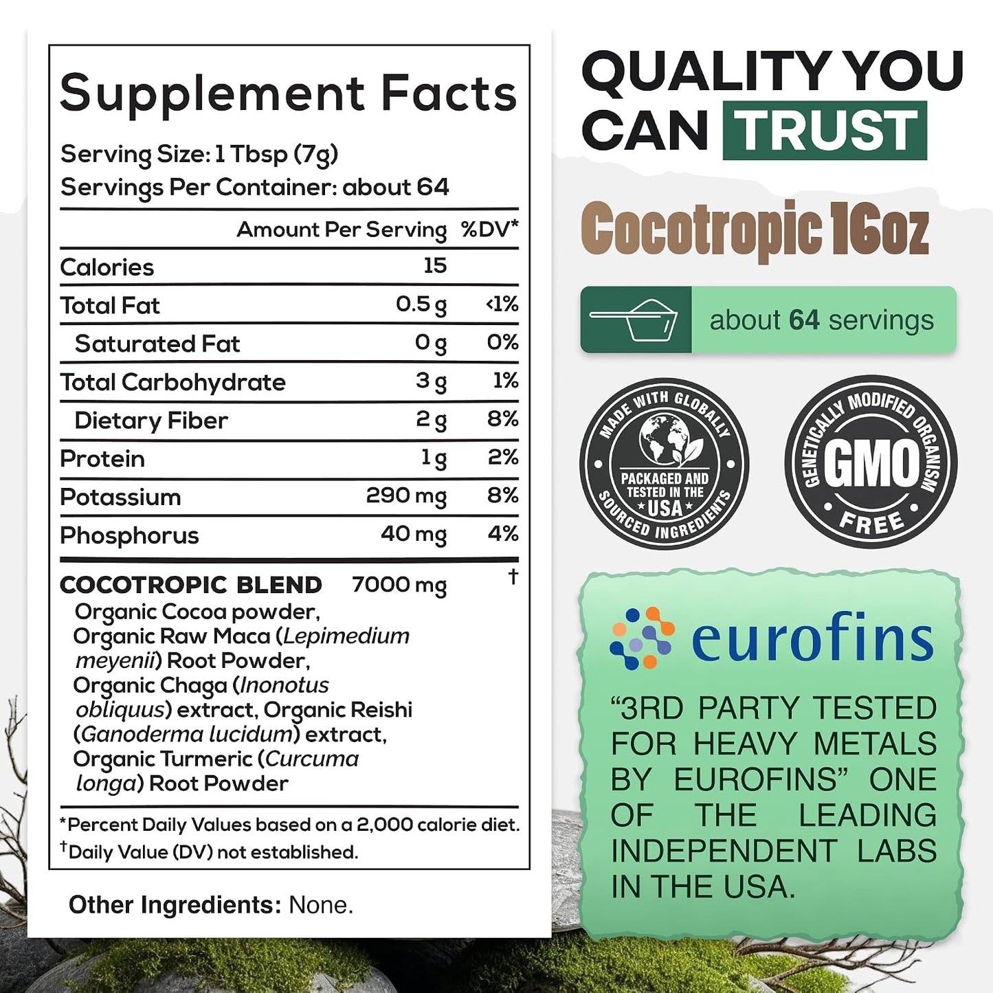 Organic Cocotropic Mushroom Hot Cocoa - Mushroom Coffee Alternative | Sugar Free Hot Chocolate | Organic Cocoa Powder, Reishi Mushrooms, Chaga, Maca Root, Turmeric | Delicious Sustained Focus, Energy & Mood Without Jitters | 16oz