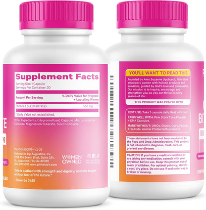 Pink Stork Choline Bitartrate from VitaCholine, 550 mg, 30 Count | Prenatal Vitamin for Pregnancy + Postpartum Moms, Fetal Cognitive Health + Breast Milk Quality, Maternal Cognition + Clarity