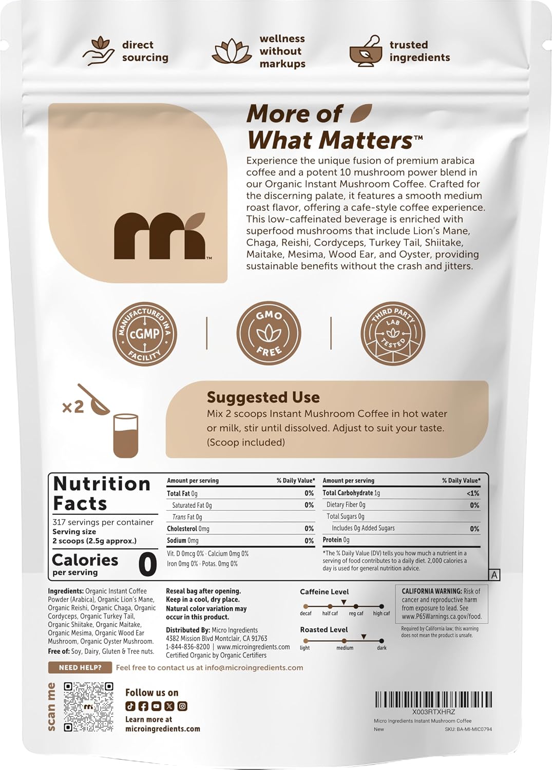 Micro Ingredients Organic Instant 10 in 1 Mushroom Coffee Powder, 28 Ounce (317 Servings) | Premium Arabica Coffee with Lion’s Mane, Chaga, Reishi & More