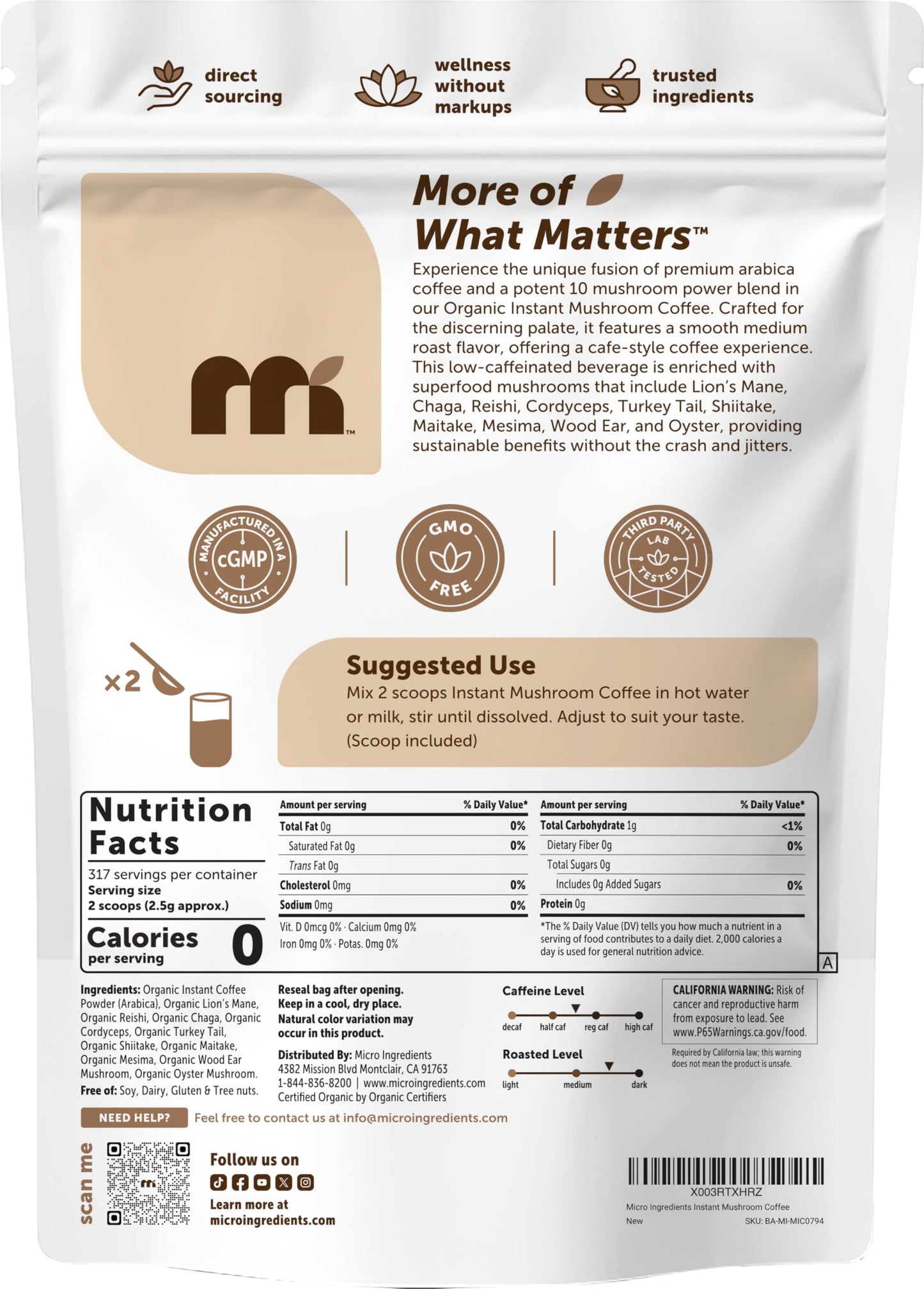 Micro Ingredients Organic Instant 10 in 1 Mushroom Coffee Powder, 28 Ounce (317 Servings) | Premium Arabica Coffee with Lion’s Mane, Chaga, Reishi & More