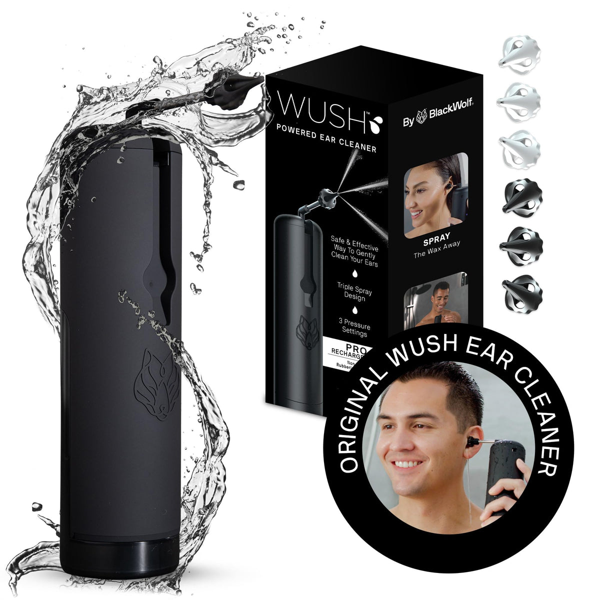 Wush Pro by Black Wolf - The Original Deluxe Water Powered Ear Cleaner with 6 Reusable 