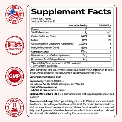 OxyEnergy Glucosamine Chondroitin MSM 2000 mg Joint Support Supplement | 6 in 1 Formula with MSM, Hyaluronic Acid & Chondroitin Sulfate, Advanced Joint Support & Repair, Fast Absorbing,30 Packets