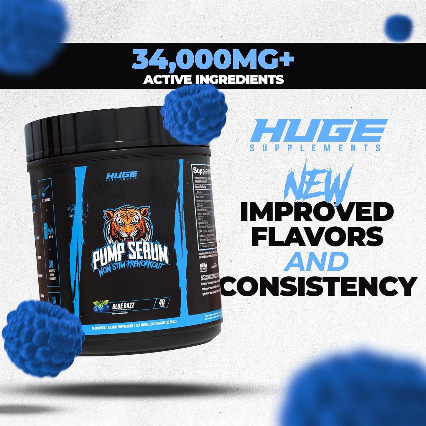 Pump Serum Non Stim Pre-Workout - Fully Loaded Stimulant Free Pre Workout for Extreme Pumps, Vascularity & Muscle Fullness, with L-Citrulline, HydroPrime & Nitrates, Blue Razz, 40 Servings