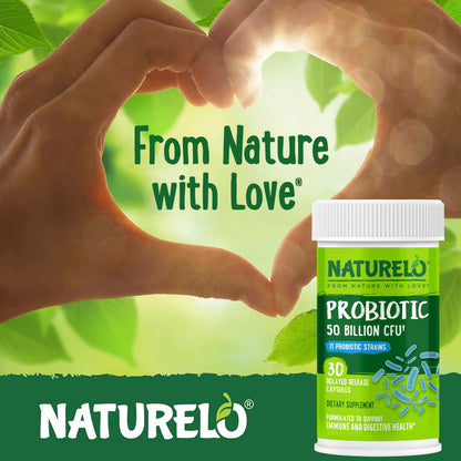 NATURELO Probiotics for Digestive Health, 50 Billion CFU, 60 Vegetarian Capsules, 11 Strains, Daily Use Supplement, Delayed Release, No-Fridge, Boosts Immune System, Probiotics for Women & Men