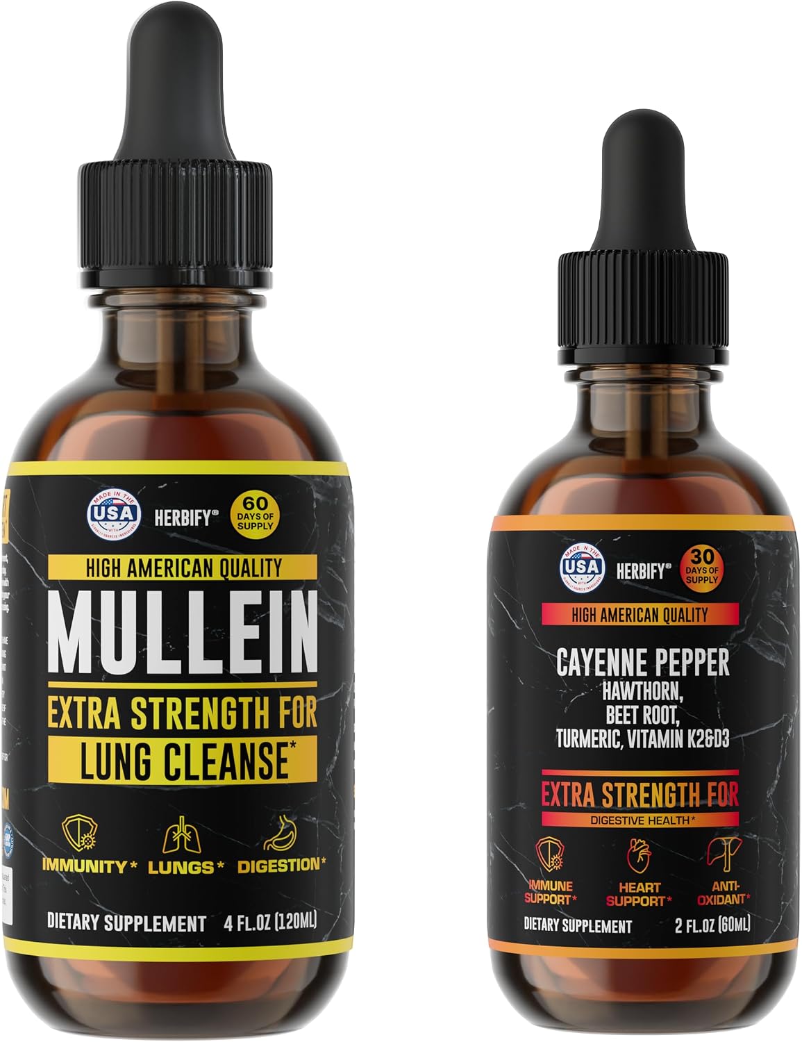 HERBIFY Bundle - Mullein Leaf Extract & Cayenne Pepper Drops - Lung Cleanse & Immune Support, Detox and Digestion Support
