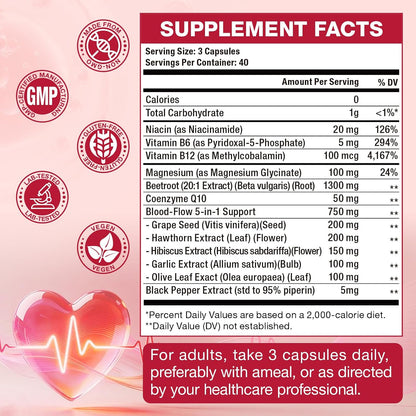 Totaria Beetroot Capsules 2230mg Support Blood Pressure & Heart Health, Nitric Oxide Supplement with Grape Seed, Hawthorn, Garlic & CoQ10, Blood Flow Beet Root Powder | 120 Count