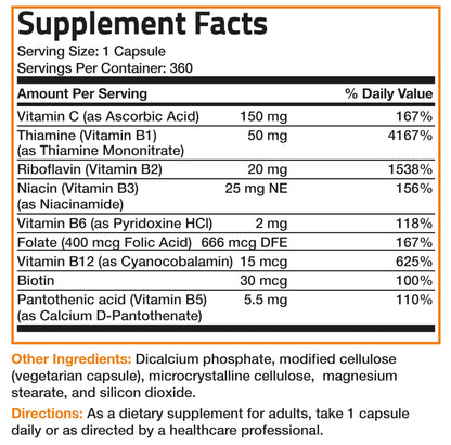 Bronson Vitamin B Complex with Vitamin C - Immune Health, Energy Support & Nervous System Support - Non-GMO, 250 Vegetarian Capsules