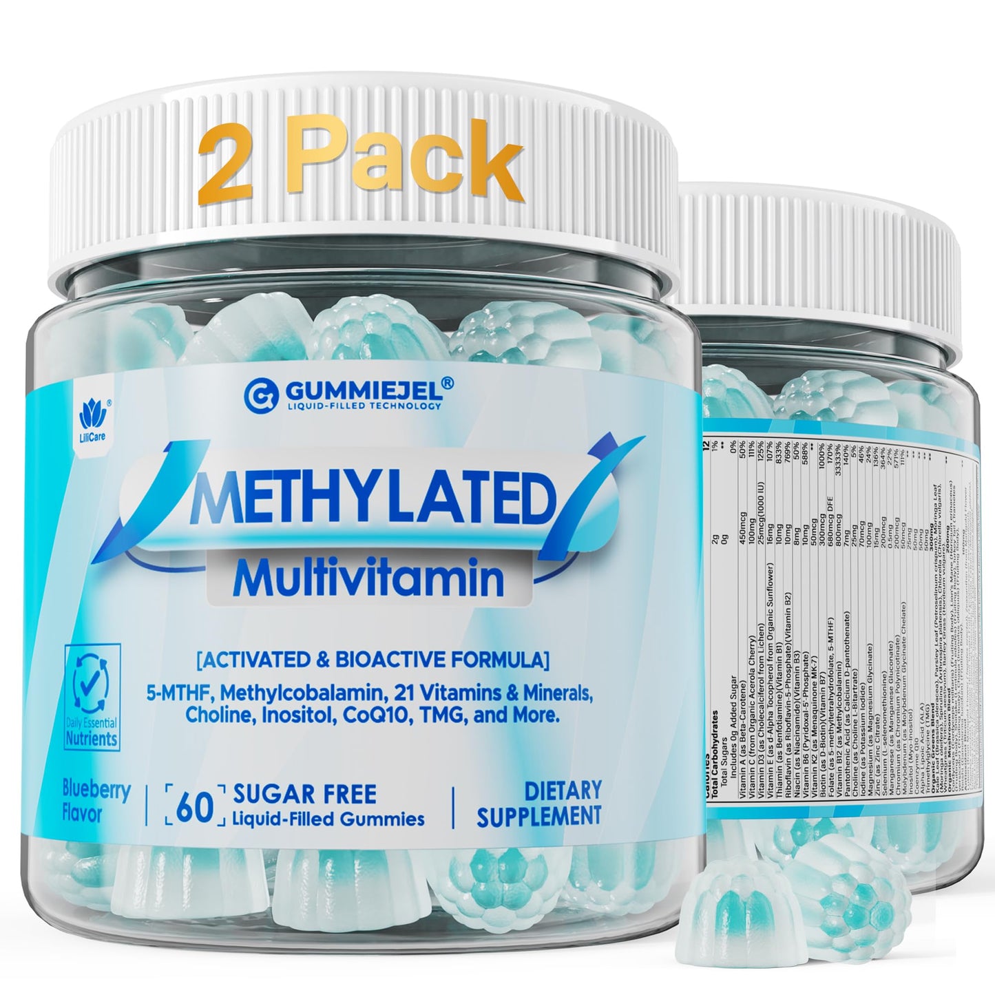 Methylated Multivitamin for Men & Women Gummies + Greens & Mushroom Blend, Methylfolate & B12, TMG, Choline, Daily Vitamin A, C, D3K2, E, B Complex, Coq10, ALA for Overall Wellness, Sugar Free, 60 Cts