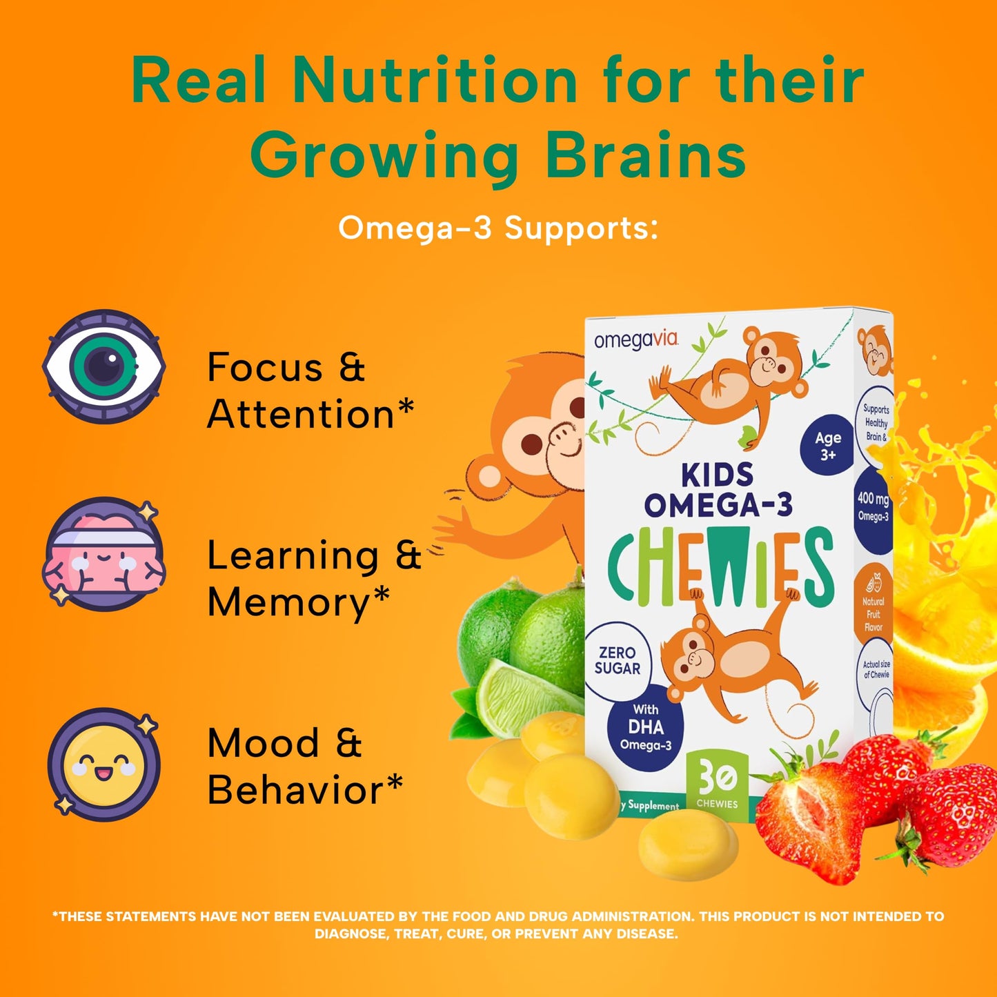 OmegaVia Omega 3 Chewies, Daily DHA Chewable Vitamins for Kids, Omega 3 for Ages 3-12 to Support Brain & Eye Health, Sugar-Free Natural Fruit Flavor, Omega 3 Fish Oil, 30 Individual Packets