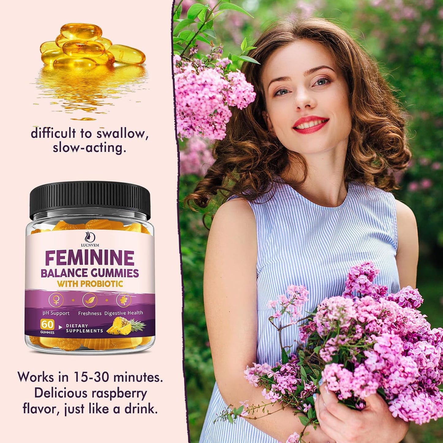 Feminine Balance Probiotic Gummies for Women – Support Vaginal Health, pH Balance, Freshness & Digestive Health – with Pineapple, Slippery Elm, Cranberry, D-Mannose – Sugar-Free, Pineapple Flavor