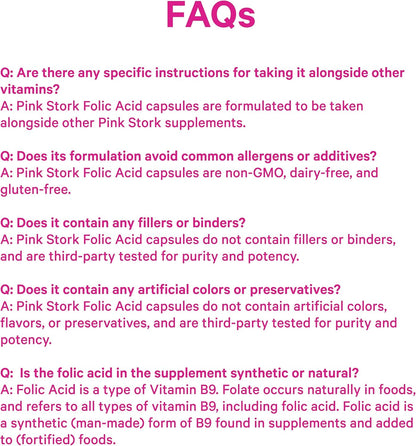 Pink Stork Folic Acid Supplement for Women – 400mcg, 30 Capsules | Daily Vitamin B9, Prenatal & Fertility Support, Supports Red Blood Cell Formation & Energy, Vegetarian