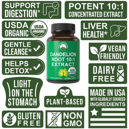 Dandelion Root Extract. USDA Organic Vegan Herbal Liquid Tincture Dandelions Supplement for Women and Men. Leaf Tonic for Immune, Liver, Gut Health. Zero Sugar, Gluten Free Supplements Not Capsules