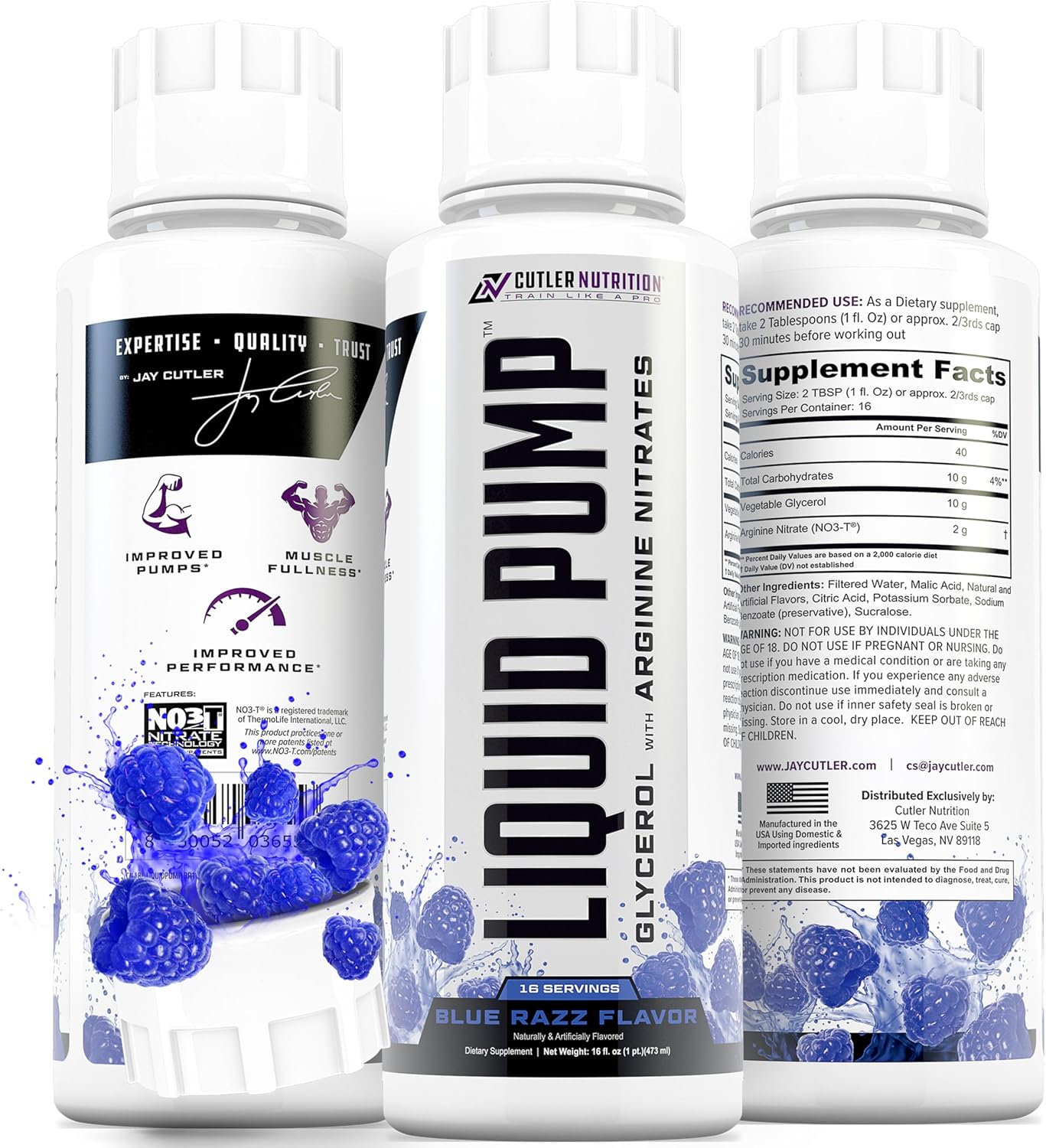 Cutler Nutrition Liquid Pump Caffeine-Free Pre-Workout Nitric Oxide Booster | Blue Raspberry, 16 fl oz | Liquid pre-workout with glycerol and arginine nitrates for muscle pumps, hydration and performance