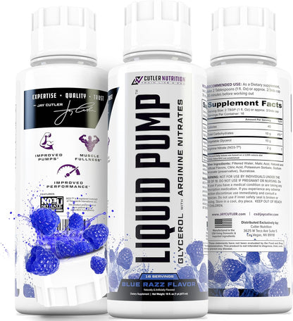 Cutler Nutrition Liquid Pump Caffeine-Free Pre-Workout Nitric Oxide Booster | Blue Raspberry, 16 fl oz | Liquid pre-workout with glycerol and arginine nitrates for muscle pumps, hydration and performance