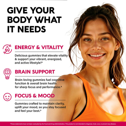 Vitamin B-Complex Gummies for Women & Men - Vitamin B12, B1, B2, B3, B5, B6, B7 & B9 - B Complex with Vitamin C & Choline - Energy, Brain & Mood - Natural Berry Flavor, Vegan - 60 Gummies for 2 Months