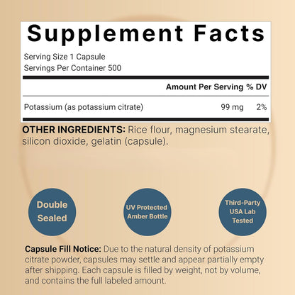 NatureBell Potassium Citrate 99mg, 500 Capsules - Chelated Mineral Supplements - Non-GMO, Gluten Free