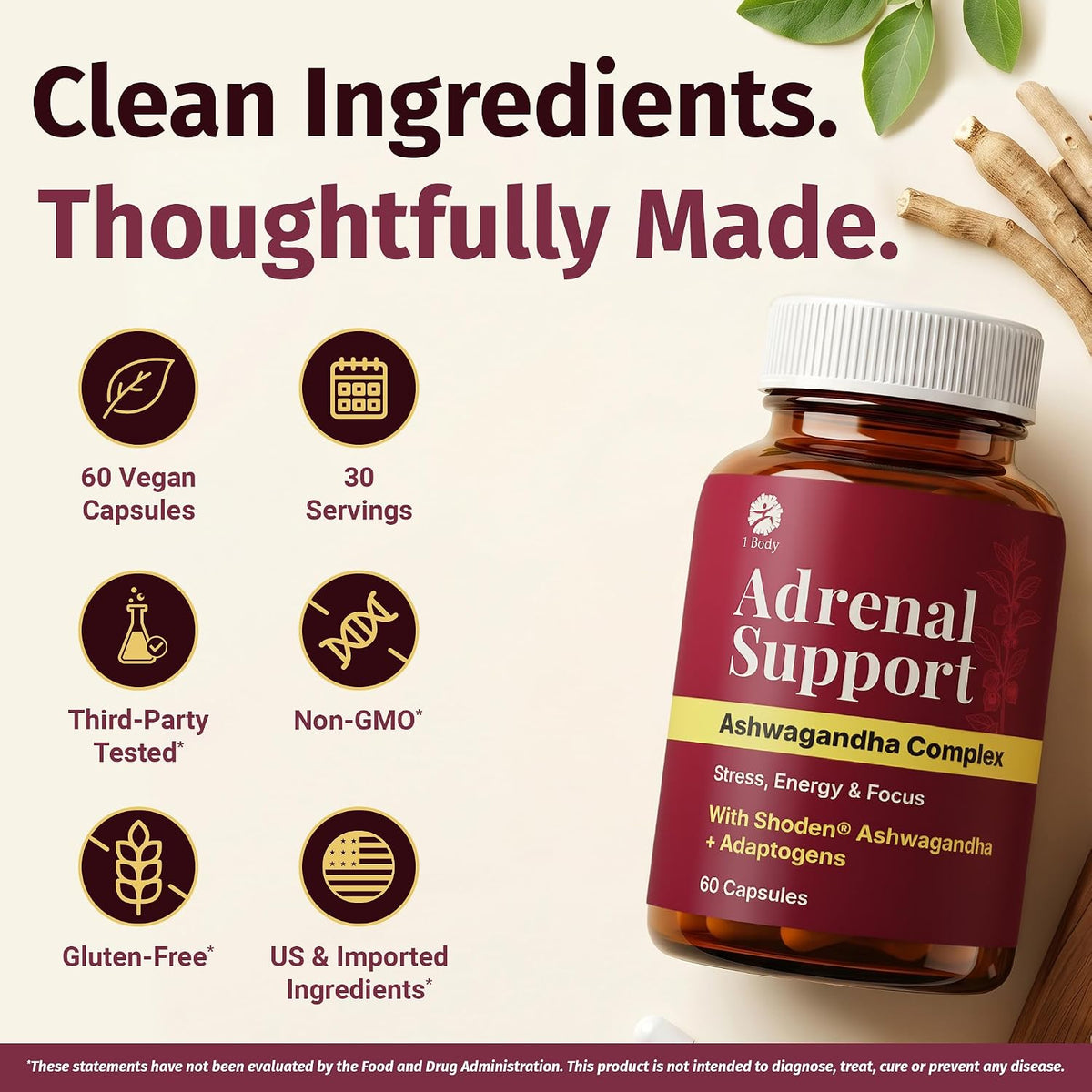 1 Body Adrenal Support Supplement, Shoden Ashwagandha + Cortisol, 60 Caps