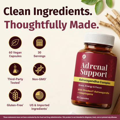 1 Body Adrenal Support Supplement, Shoden Ashwagandha + Cortisol, 60 Caps
