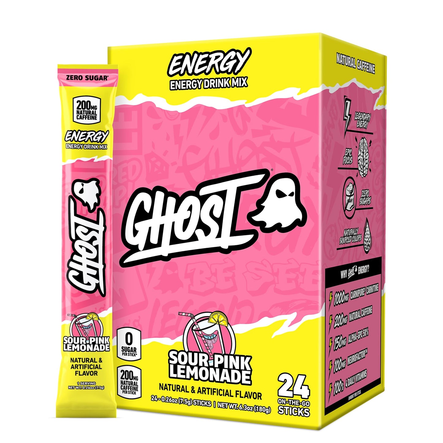 GHOST Sugar-Free Energy Drink Packets, Welch's Grape - 200mg of Natural Caffeine, Daily Vitamins & More, No Artificial Colors - Pre-Workout Energy Drink Mix - 24 On The Go Sticks