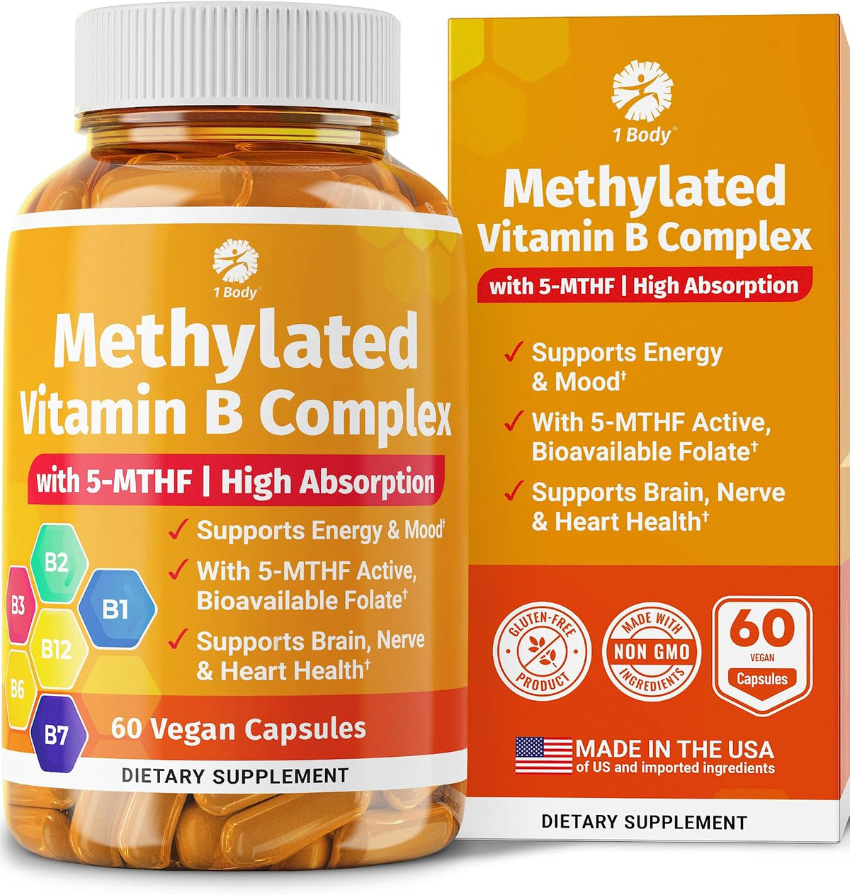 1 Body Methylated Vitamin B Complex, 5-MTHF & Methyl B12, 60 Capsules