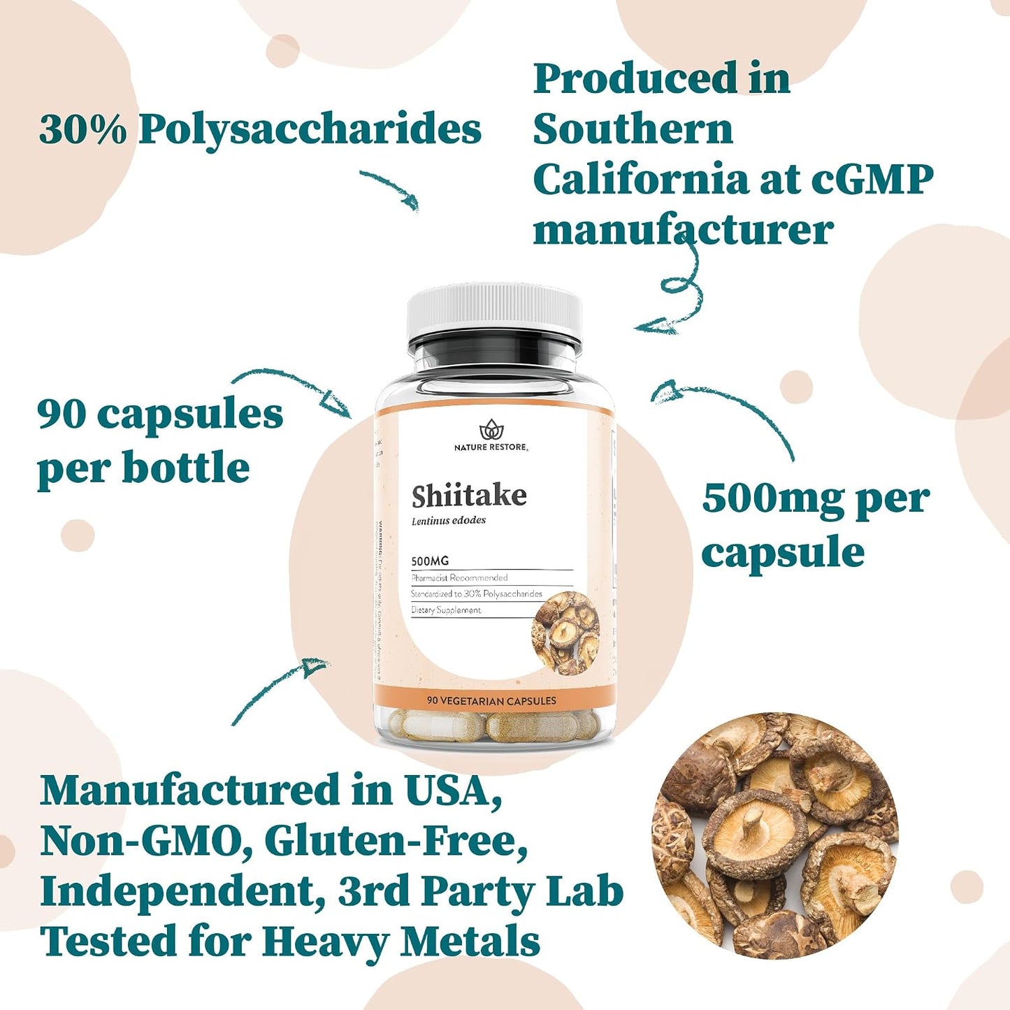 Nature Restore Shiitake Mushroom Extract Supplement, 90 Capsules, High 30% Polysaccharide Concentration, Non-GMO, Gluten Free
