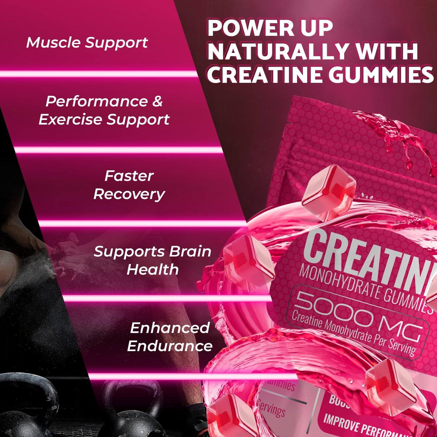 Creatine Gummies 5000mg, 30 Servings Creatine Monohydrate Gummies - Third-Party Tested Creatine for Women, Strawberry Flavor Creatine for Men, Muscle Growth, Strength, and Recovery - Pack of 1