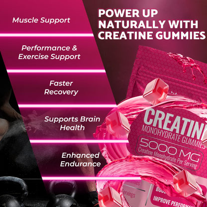 Creatine Gummies 5000mg, 30 Servings Creatine Monohydrate Gummies - Third-Party Tested Creatine for Women, Strawberry Flavor Creatine for Men, Muscle Growth, Strength, and Recovery - Pack of 1