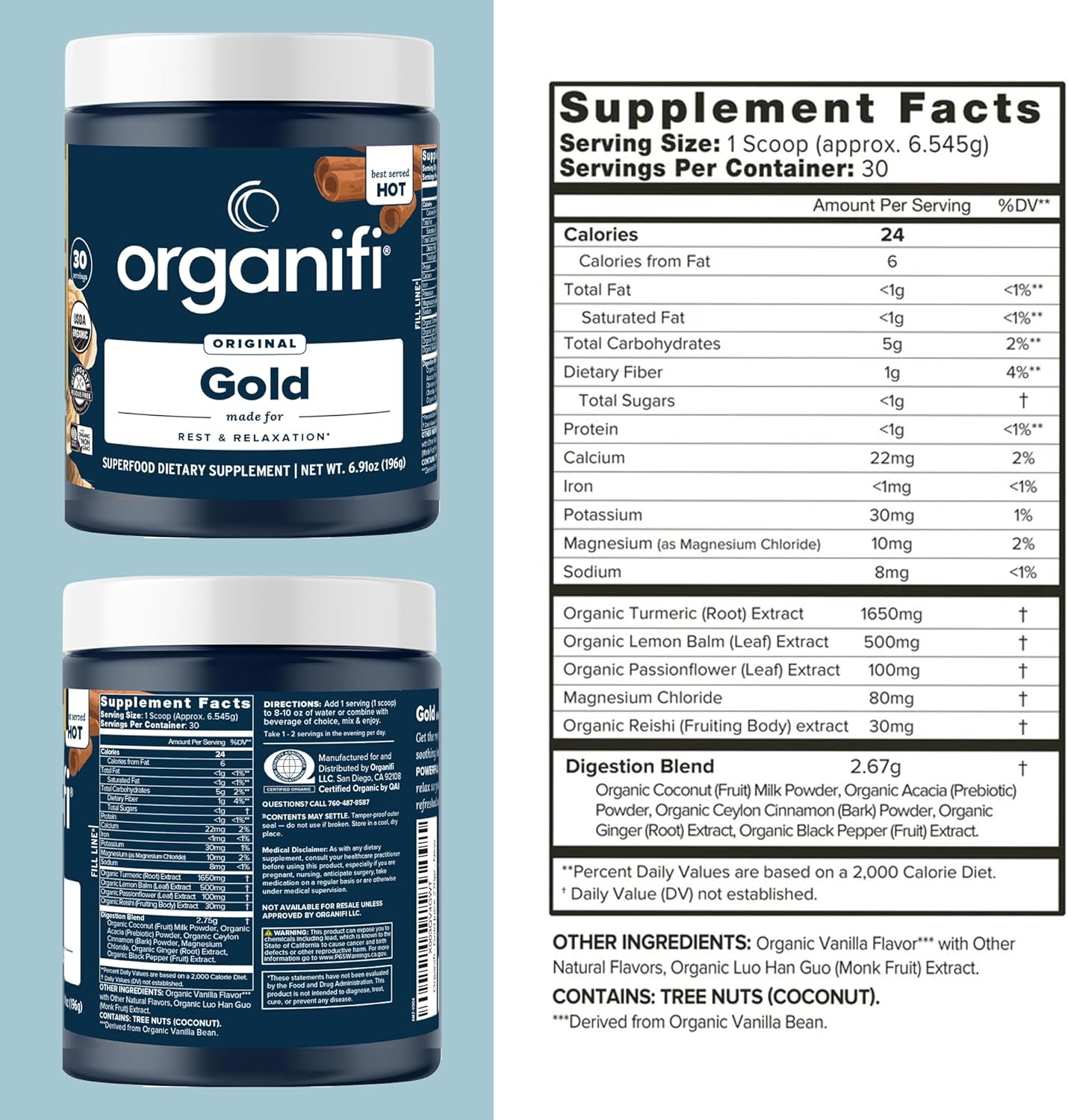 Organifi: Gold - Superfood Supplement Powder - 30 Servings - Stress Support, Better Rest, Relaxation and Promotes Restful Sleep - Turmeric and Reishi Infused