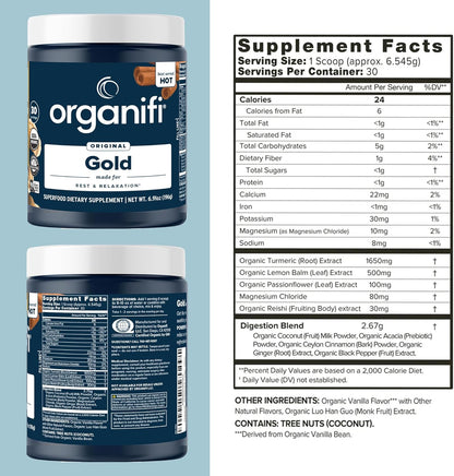 Organifi: Gold - Superfood Supplement Powder - 30 Servings - Stress Support, Better Rest, Relaxation and Promotes Restful Sleep - Turmeric and Reishi Infused