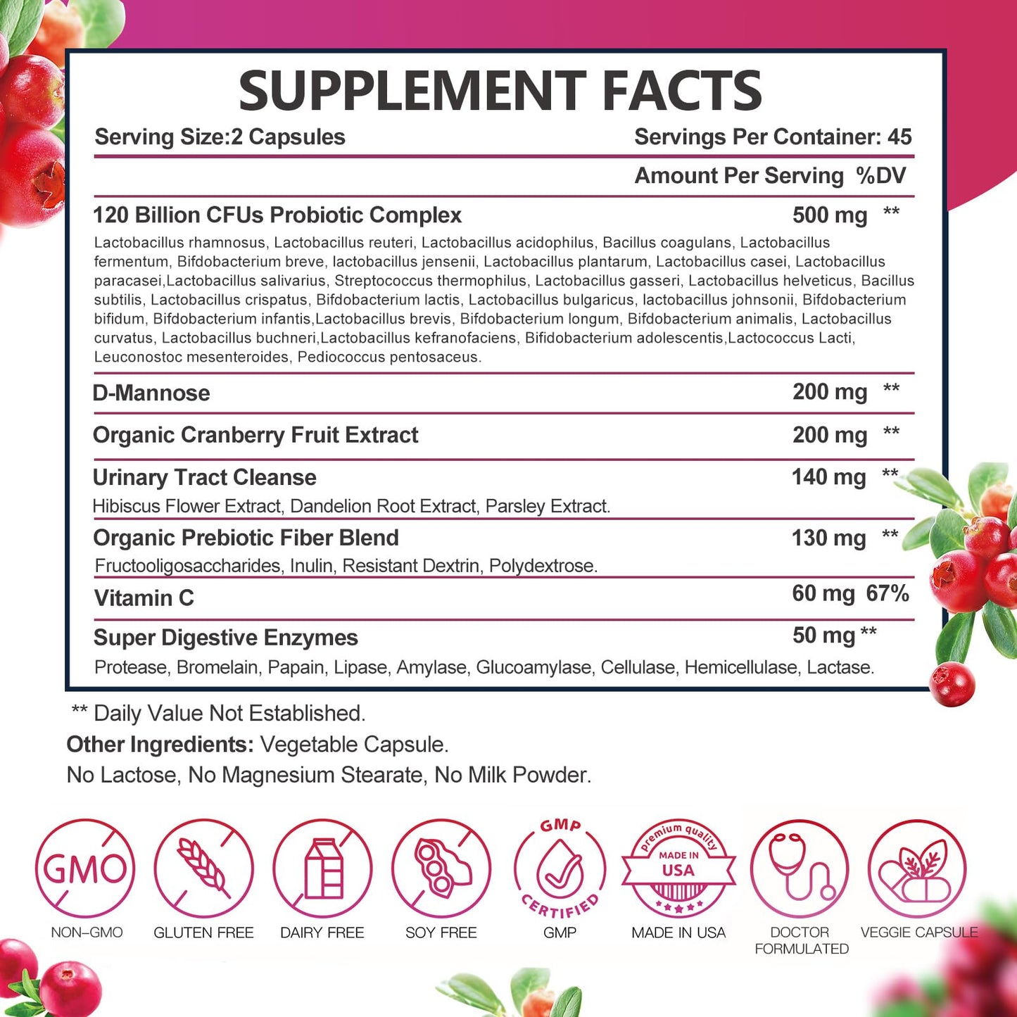 DRFOSTER Probiotic for Women 120B Urinary & Digestive Health, 90 Capsules | 31 Strains, Prebiotics, Enzymes, D-Mannose & Cranberry, Vaginal, Urinary & Digestive Support, Non-GMO, Gluten-Free