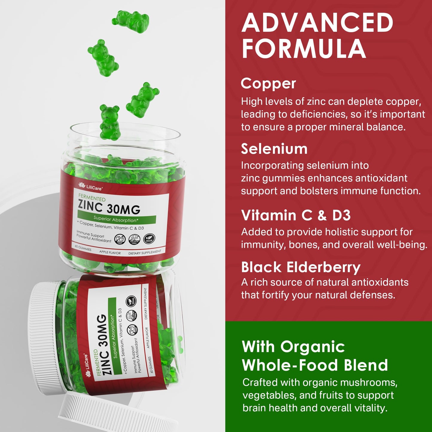 Zinc Gummies + Copper, Selenium, Vitamin C & D3, Fermented Zinc Supplements for Women & Men with Elderberry, Daily Immune Gummies, Powerful Antioxidant, Superior Absorption, Vegan, Sugar Free, 2 Pack