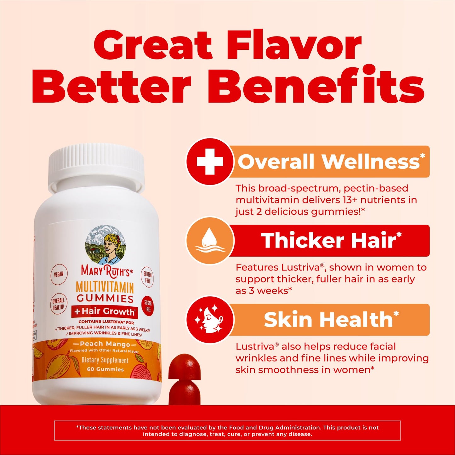 MaryRuth's Multivitamin + Hair Growth Gummies | with Lustriva® | Biotin 10000mcg | B Vitamins | Formulated for Thicker Hair, Wrinkles, Fine Lines, Skin Care | Ages 18+ | 30 Servings