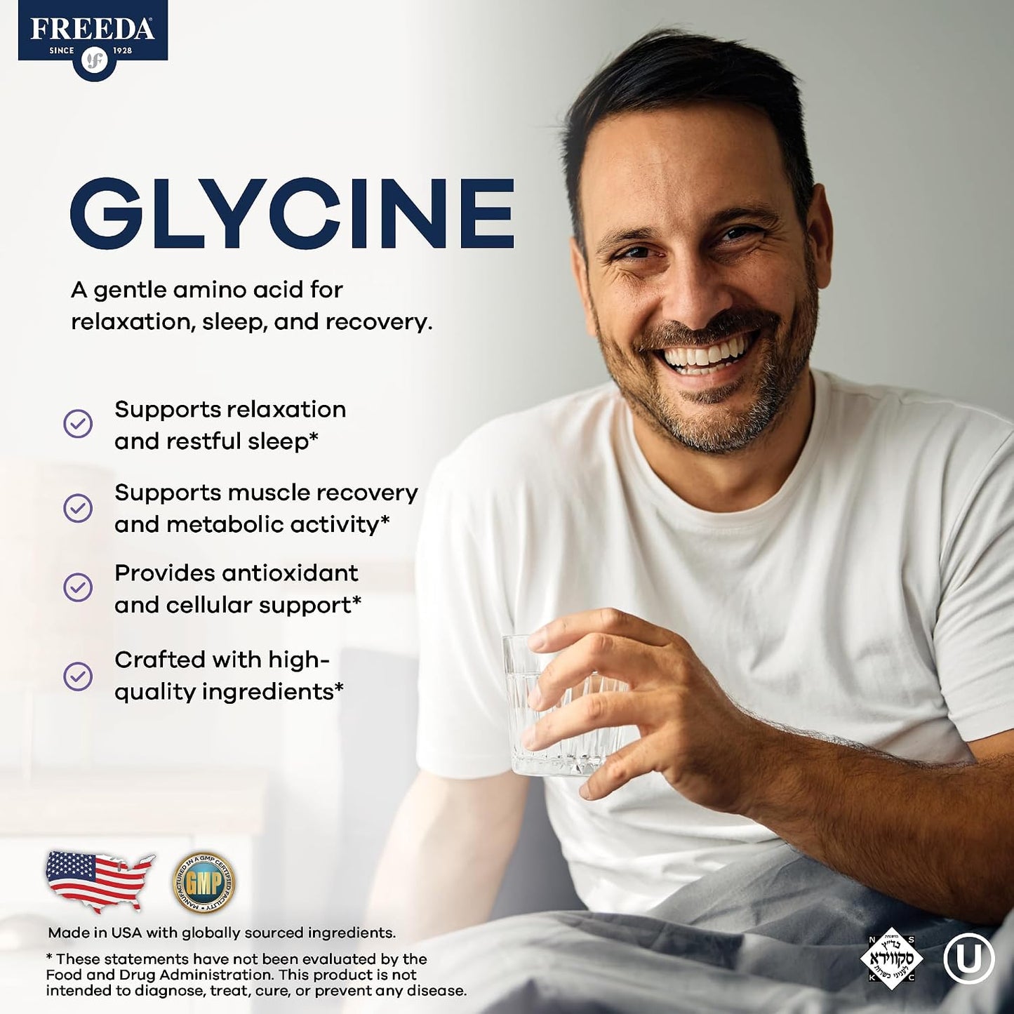 FREEDA Pure Glycine 1800mg Amino Acid Supplement – 100 Capsules | Supports Relaxation, Sleep Quality & Recovery with Pure L-Glycine - Vegan, Kosher, and Gluten-Free Formula
