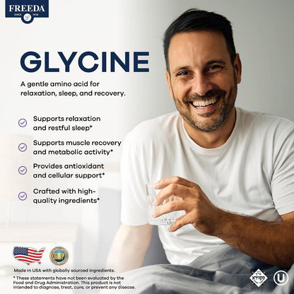 FREEDA Pure Glycine 1800mg Amino Acid Supplement – 100 Capsules | Supports Relaxation, Sleep Quality & Recovery with Pure L-Glycine - Vegan, Kosher, and Gluten-Free Formula