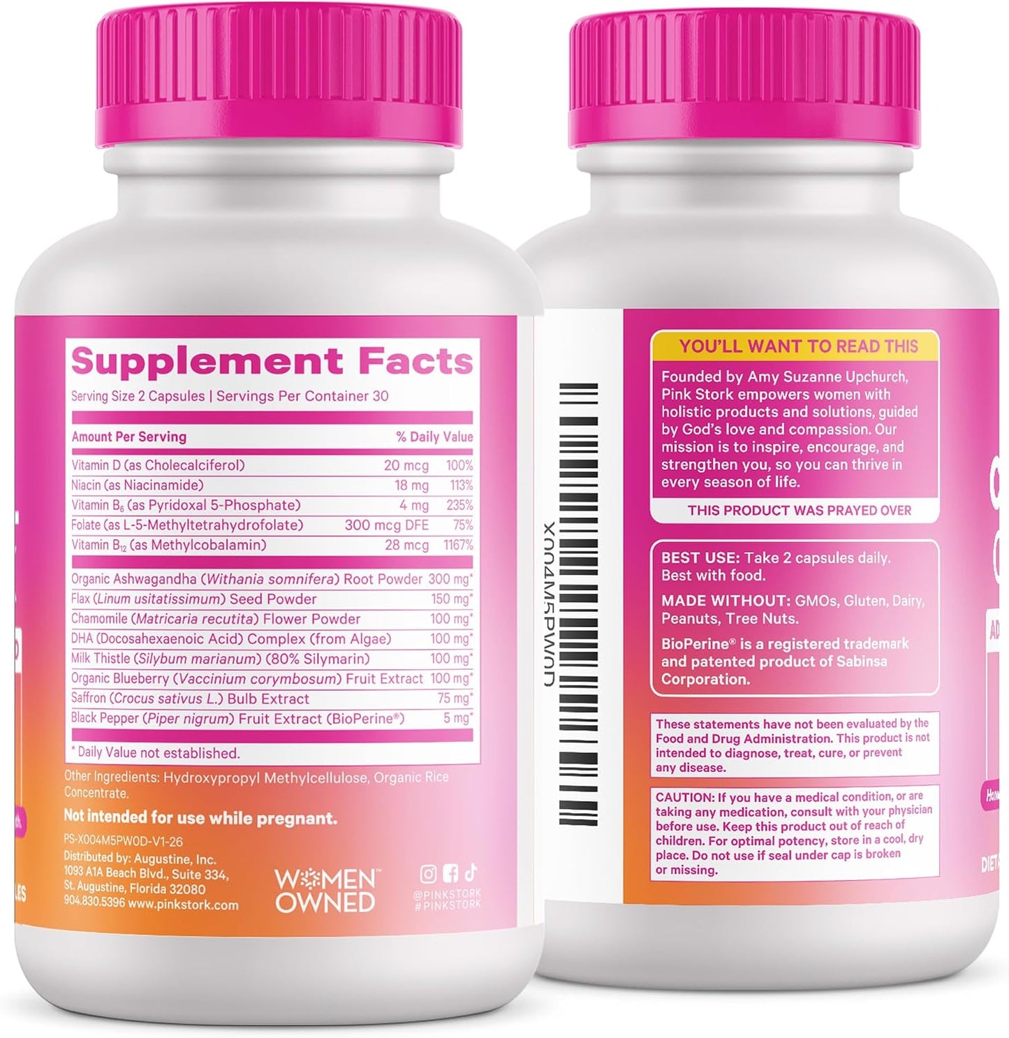 Pink Stork Cortisol Complex for Women - 60 Capsules | Adaptogenic Adrenal + Stress Support, 300mg Organic Ashwagandha, Algae DHA, Saffron, Methylated B Vitamins, Non-Drowsy