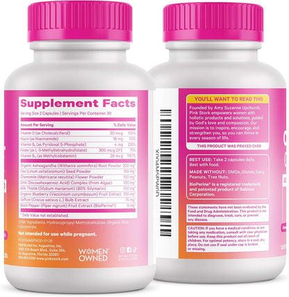 Pink Stork Cortisol Complex for Women - 60 Capsules | Adaptogenic Adrenal + Stress Support, 300mg Organic Ashwagandha, Algae DHA, Saffron, Methylated B Vitamins, Non-Drowsy