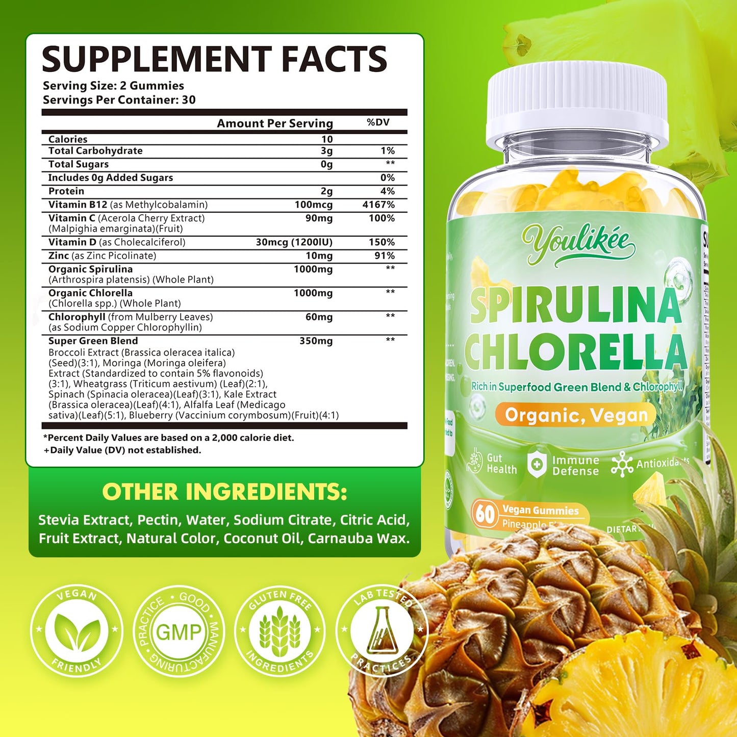 2 Pack Spirulina Chlorella Gummies, Supports Daily Energy & Immune System | Super Greens Blend with Protein, Chlorophyll, Vitamin C, D3, B12, Zinc, Pineapple Flavor, 120 Count