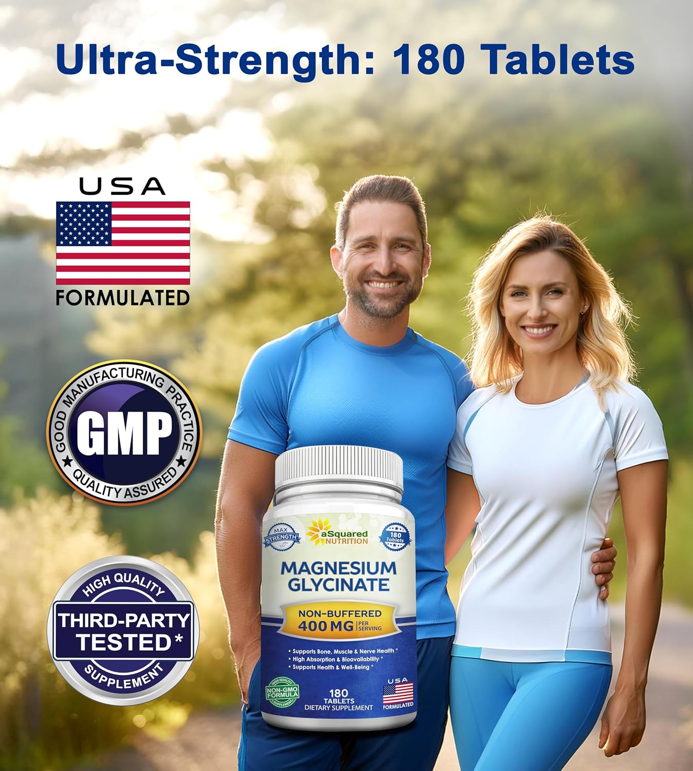 aSquared Nutrition Magnesium Glycinate 400mg - 180 Tablets - Max Strength Magnesium Bisglycinate Supplement -Maximum Bioavailability & Absorption-Non-GMO -Not Buffered-Supports Muscles, Bones & Heart